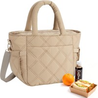 Afuosy Insulated Lunch Box for Women Men, Soft & Puffy Lunch Bag, Large Capacity Leakproof Reusable Tote Cooler Bag with 4 Pockets, Adjustable Strap, Ideal for Work, Outdoors, Picnic, Travel (Khaki)